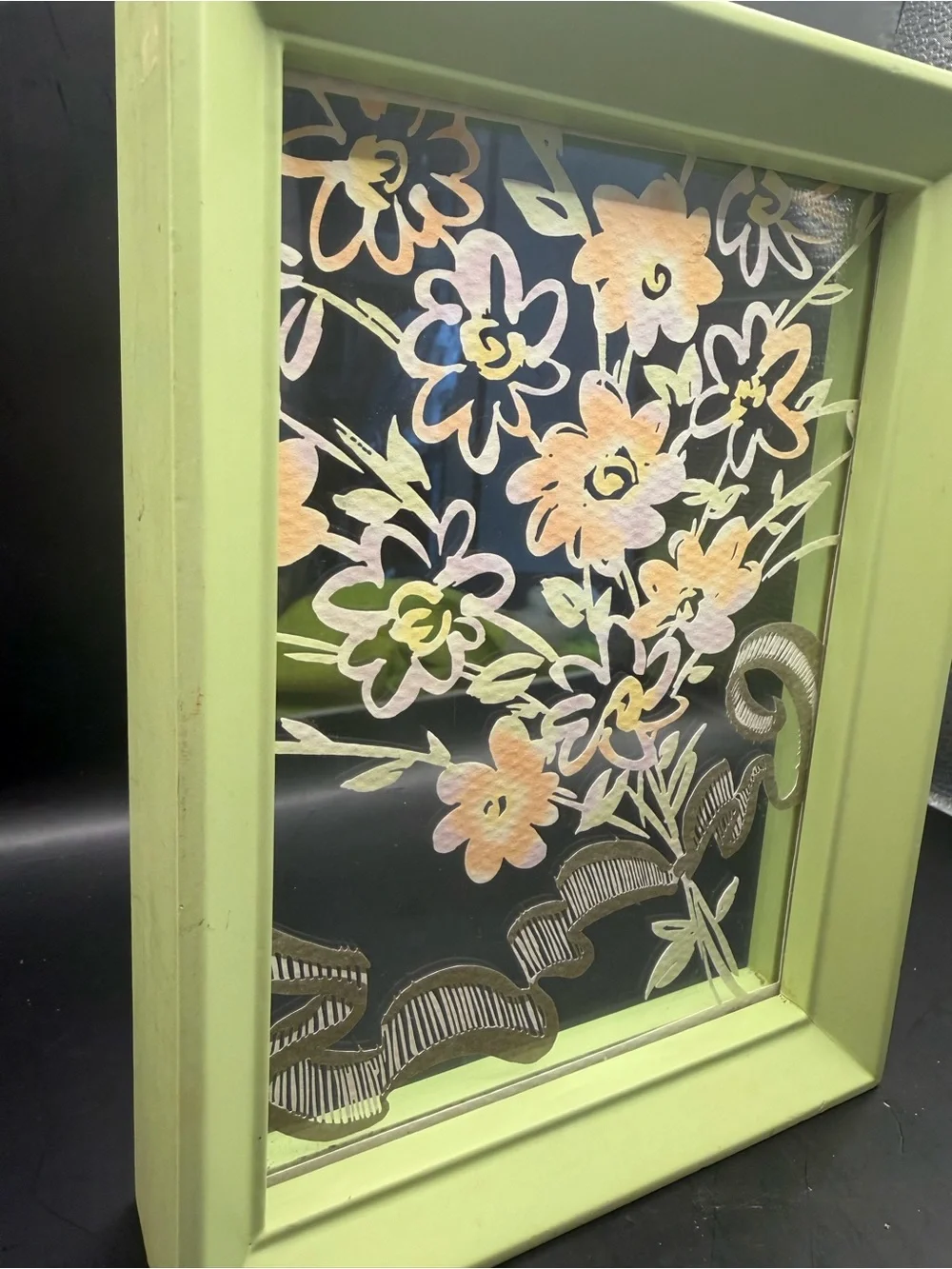 Vintage Floral Reverse Painted Glass Wall Art Green Frame